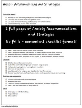 Preview of Anxiety Accommodations and Strategies List (Classroom Management, 504 Plan, IEP)