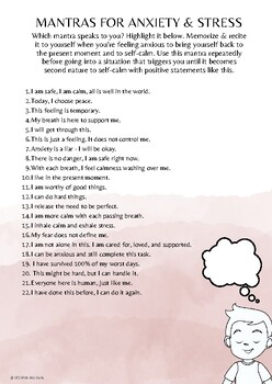 Preview of FREE printable Anxiety & Stress Mantras Social Emotional Learning SEL Activity