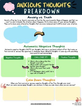 anxiety thoughts cbt fillable worksheet kids teens school counseling activity