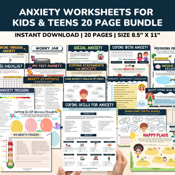 Preview of Anxiety Worksheets School Counseling 20 Pg Bundle-SEL Child Therapy Worry Sheets