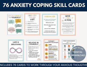 Preview of Anxiety coping cards, anxiety, worry, self regulation, emotional regulation zone
