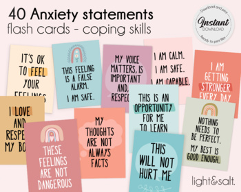 Preview of Anxiety coping statement flash cards, panic coping cards, calm down cards