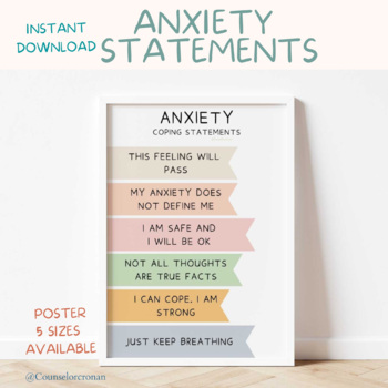 Preview of Anxiety coping statements poster, mental health poster, school counselling