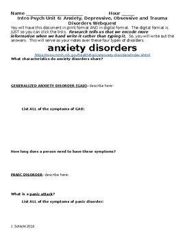 Preview of Anxiety, depressive, obsessive and trauma related disorders webquest
