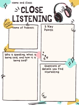 Preview of Close Listening Worksheet for Any Poscast