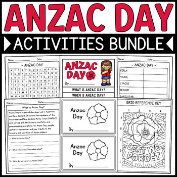 Preview of Anzac Day Activities Bundle: Coloring Pages, Reading, Craft, Games & More
