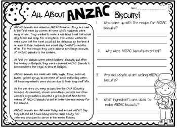 Preview of Anzac Day Biscuits Comprehension Activity *FREEBIE*