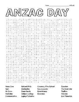Preview of Anzac Day - Difficult Wordsearch and Coloring Page (Australia & New Zealand)