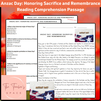 Preview of Anzac Day: Honoring Sacrifice and Remembrance Reading Comprehension Passage
