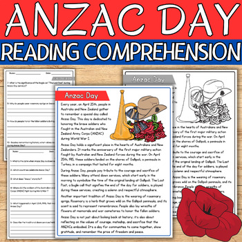 Preview of Anzac Day Reading Comprehension Passage Anzac Day Comprehension Activities