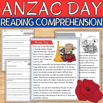 Preview of Anzac Day Reading Comprehension Passage Anzac Day Comprehension Activities