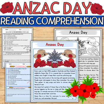 Preview of Anzac Day Reading Comprehension Passage Anzac Day Comprehension Activities