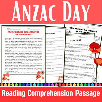 Preview of Anzac Day Reading Comprehension Passage | No Prep Anzac Day Reading Activities