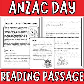 Preview of Anzac Day Reading Comprehension Passage and Questions - Anzac Day