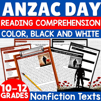 Preview of Anzac Day Reading Comprehension Passage & questions worksheets, Anzac Activities