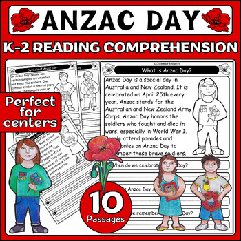 Preview of Anzac Day Reading Comprehension Passages & Questions for K-2, NZ and Australia
