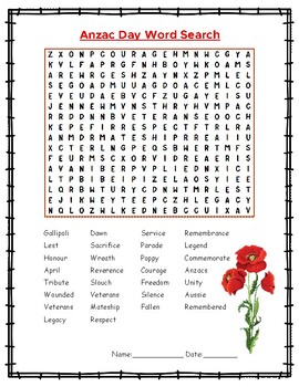 Preview of Anzac Day Word Search Puzzle.