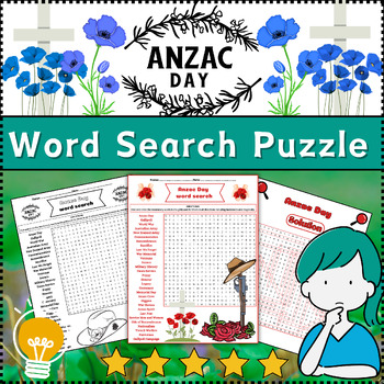 Preview of Anzac Day Word Search Puzzle Activity Worksheet Color & B/W ⭐No Prep⭐