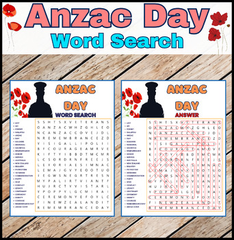Preview of Anzac Day Word Search Puzzle |Remembrance Day Poppy Activity 25th April