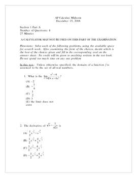 Preview of AP Calculus Midterm 2006