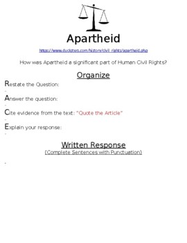 Preview of Apartheid R.A.C.E Online Writing Assignment W/Article