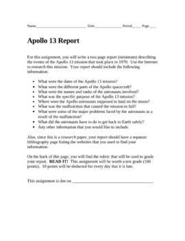 Preview of Apollo 13 Mission Research Report (includes assessment rubric)