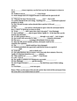 Preview of Apollo 13 (the Tom Hanks movie) Study Guide and Exam w/ answers