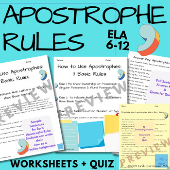 Preview of Apostrophe Rules Worksheets-Possessives Middle and High School English 6th-12th