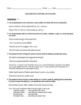 Preview of Apostrophes: Rules, Review Worksheet, and Answer Key