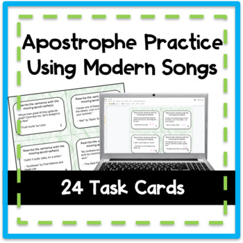 Preview of Apostrophe Task Card Activity With Songs Paper and Digital | Distance Learning