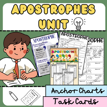 Preview of Apostrophe Unit: Worksheets, Anchor charts, Task cards and More!
