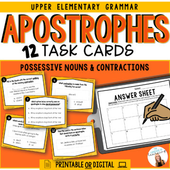 Preview of Apostrophe Usage Task Cards Practice | Possessive Nouns & Contractions Practice