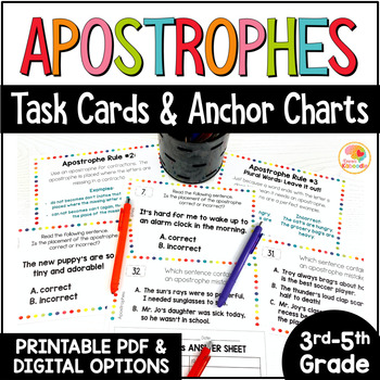 Preview of Apostrophes Activities: Apostrophe Rules Anchor Charts and Task Cards
