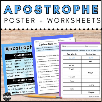 Preview of Apostrophe Poster | Contractions and Possessive apostrophes Worksheets