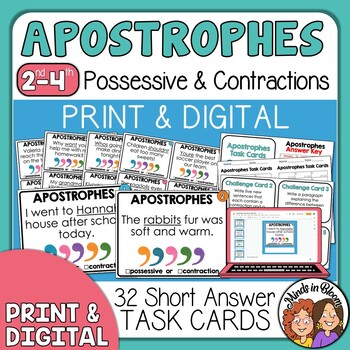 Preview of Apostrophes Task Cards | Contractions & Possessives Practice | Print & Digital