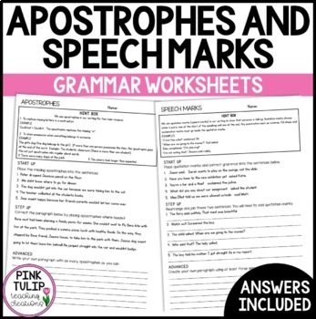 Preview of Apostrophes and Speech Marks - Grammar Worksheets with Answers