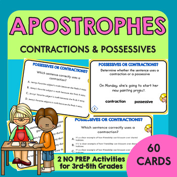Preview of Apostrophes in Contractions and Possessives Task Cards | Grammar Activity