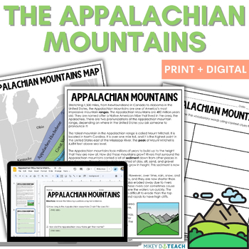 Preview of Appalachian Mountains Nonfiction Reading Activities - Vocabulary - Landforms