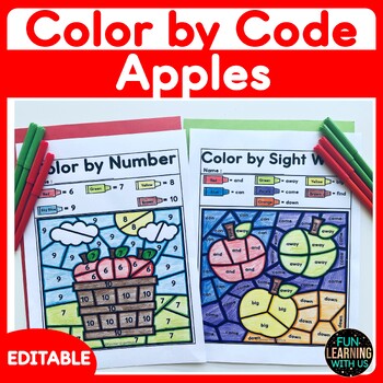 Preview of Apple Color by Number | Fall EDITABLE Color by Sight Word Worksheets