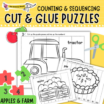 Preview of Apple Farm Cut & Glue Number Puzzle Math Center | Counting by 1's & 10's