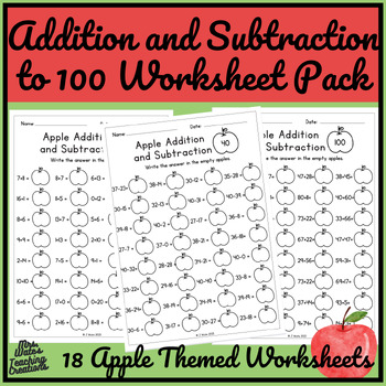 Preview of Math Addition and Subtraction 0 to 100 Worksheets - Apple Themed Templates