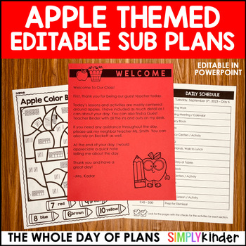 Preview of Apple Themed Editable Emergency Sub Plans, No-Prep Substitute Plans