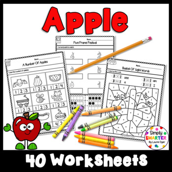Preview of Apple Themed Kindergarten Math and Literacy Worksheets and Activities