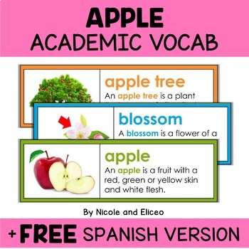 Preview of Apple Word Wall Vocabulary + FREE Spanish