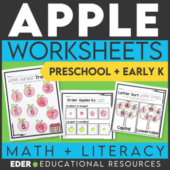 Preview of Apple Worksheets for Preschool | Apple Activities Math ELA Pre-K Kindergarten
