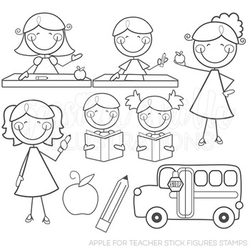 Apple For Teacher Stick Figures Cute Digital B W Stamps Line Art Blackline