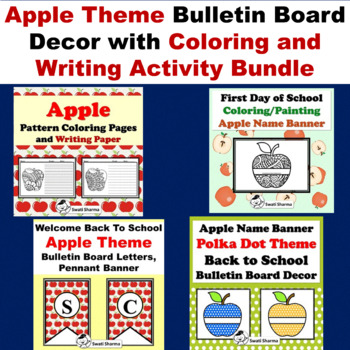 Preview of Apple Bulletin Board, Door Display, Coloring, Writing Activity Bundle