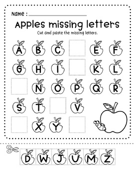 Apples Cut & Paste Missing Letters Preschool Printable Worksheets