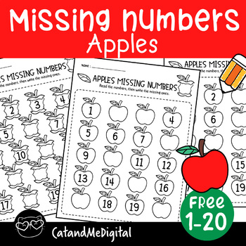 Preview of Apples Missing Numbers 1-20 Preschool Math Activity Worksheets Count and Write
