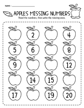 Apples Missing Numbers 1-20 Preschool Math Activity Worksheets Count ...